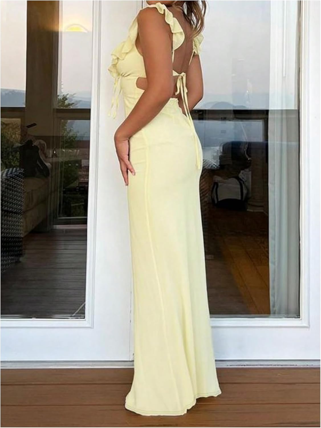 SOLY HUX Women's Summer Maxi Dress V Neck Ruffle Sleeveless Bodycon Cocktail Party Long Dresses - Image 2