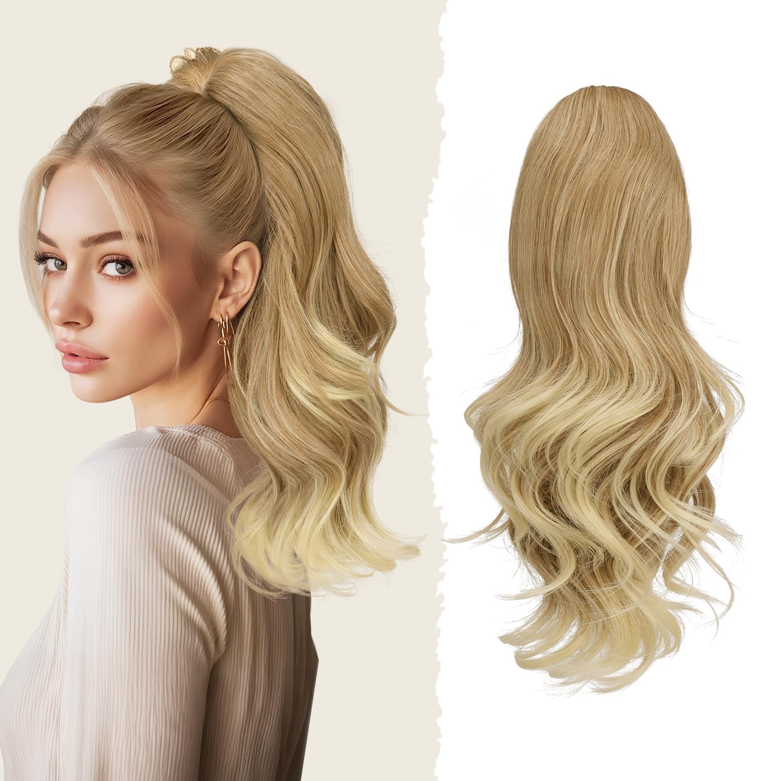 Sofeiyan Lange Gewellt Pferdeschwanz mit Klammer, Dual-Use-Design Ponytail Extension, 41 cm Synthetik Claw Clip in Haarverlängerung Zopf für Frauen, Erdbeerblond mit Platinblonden Strähnchen