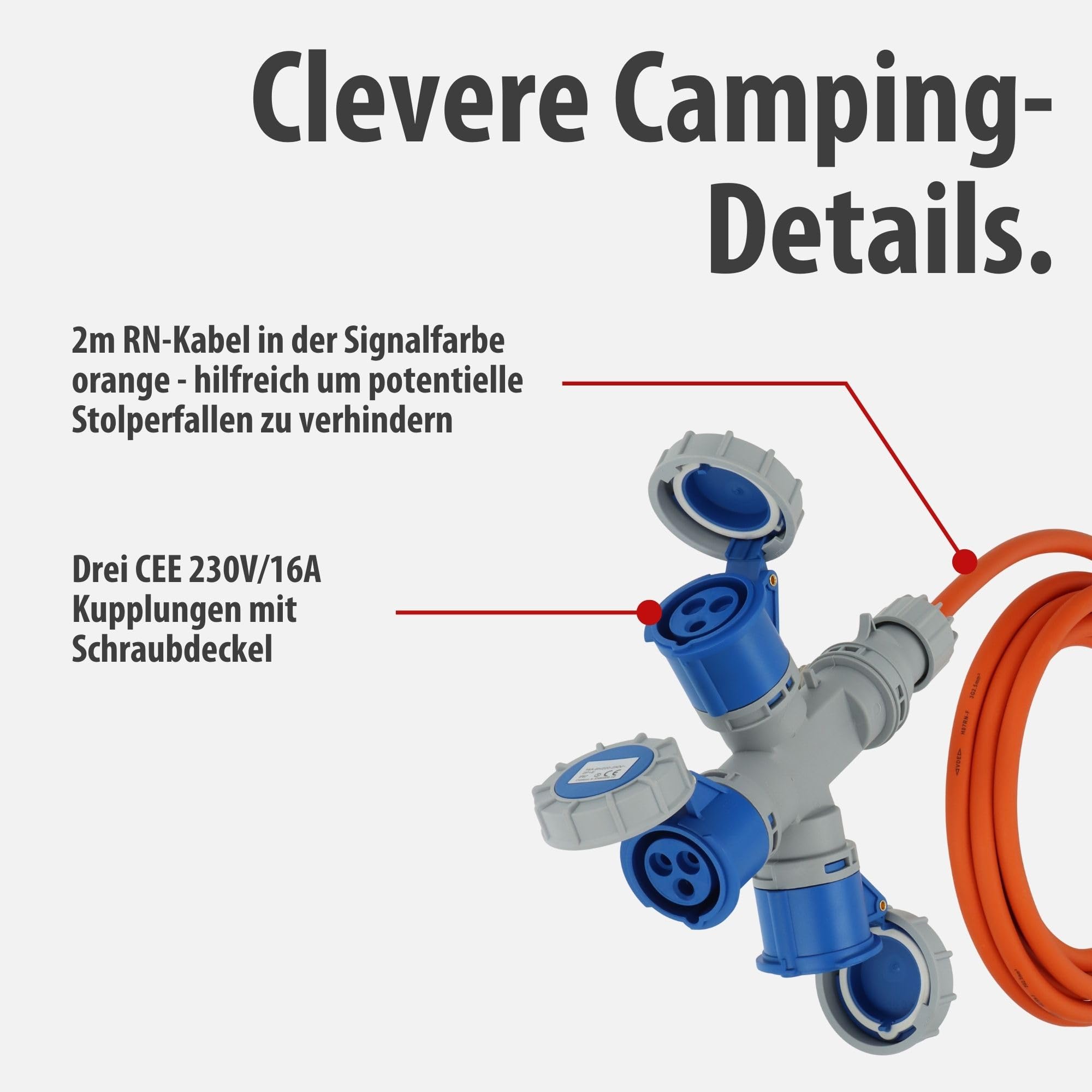 Brennenstuhl CEE Verlängerungskabel mit 3-Fach Verteiler (2m H07RN-F 3G2,5, 3X CEE 230V Kupplung 16A, Schutzart IP67, max. 3680W Gesamtleistung, für Camping, Outdoor, Marktstände)