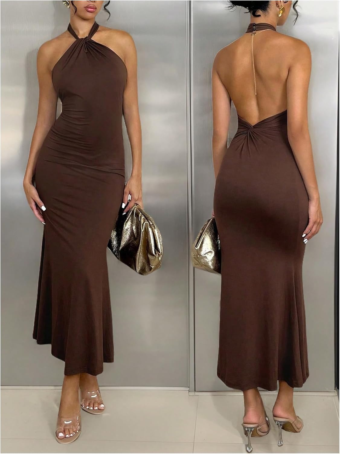 GORGLITTER Women's Open Backless Wedding Guest Dress Ruch Sleeveless Ribbed Bodycon Halter Maxi Dresses - Image 6