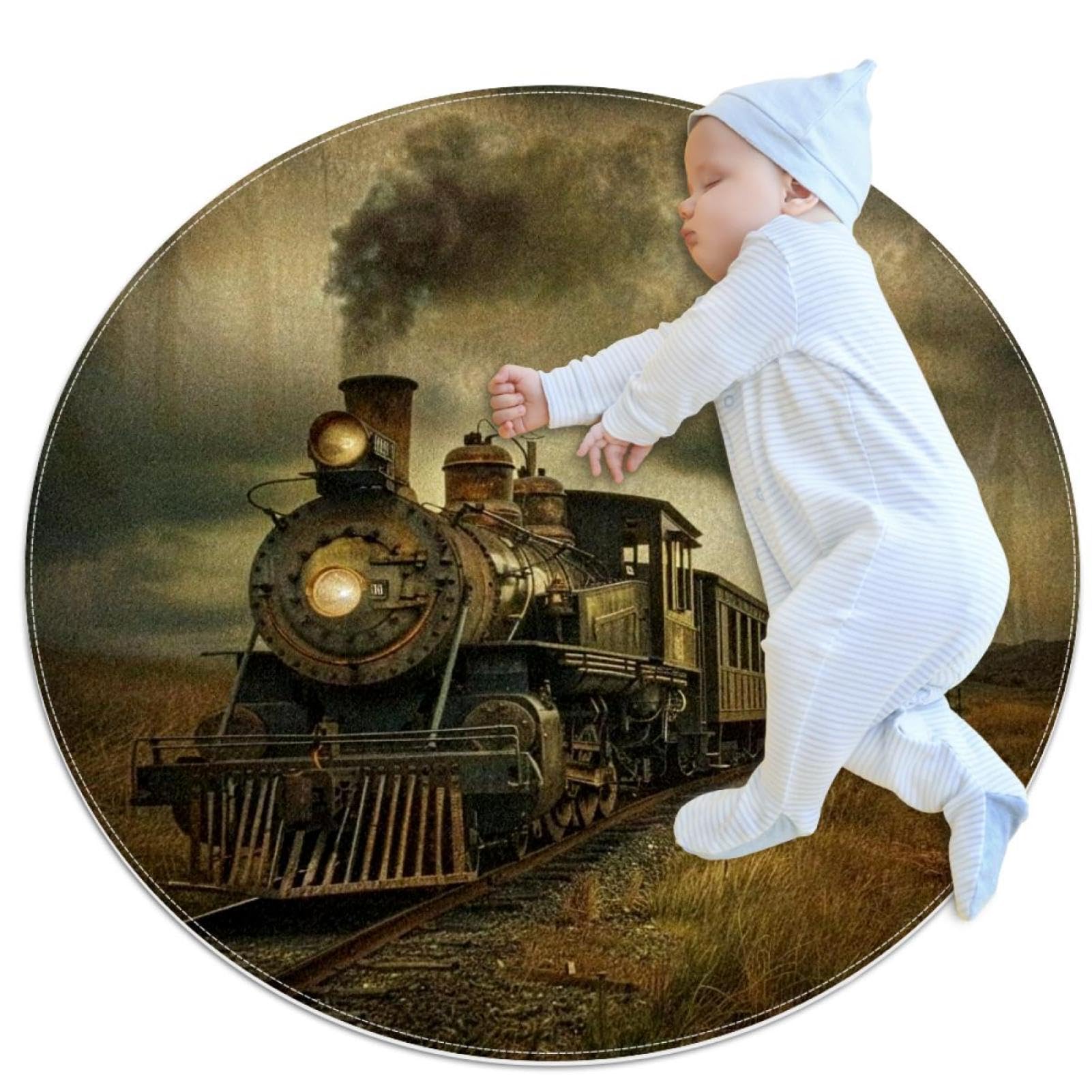 Tapis de chambre enfant rond motif train déco rétro paon de 1m