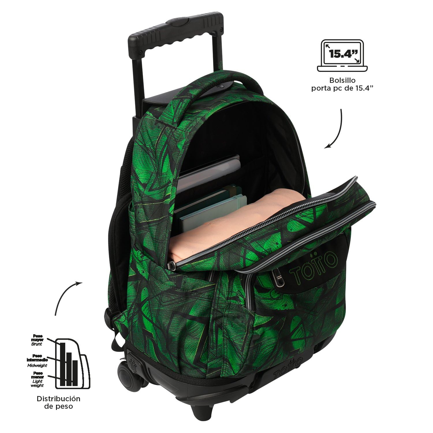 TOTTO - Mochila Escolar con Ruedas, Modelo Renglones, Capacidad 26,21 Litros, Bolsillo para PC 14", Bolsillo Botella, Correas en S para Mayor Comodidad, Resistente, Estampado Jhony Jungle