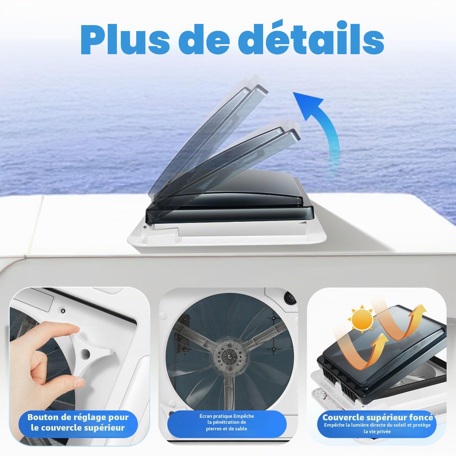 Fenêtre de toit de camping-car, ventilation insonorisée avec LED, 28 x 28 cm, ventilation pour camping car, débit d'air de 5 à 35 m³/min, étanche IP68