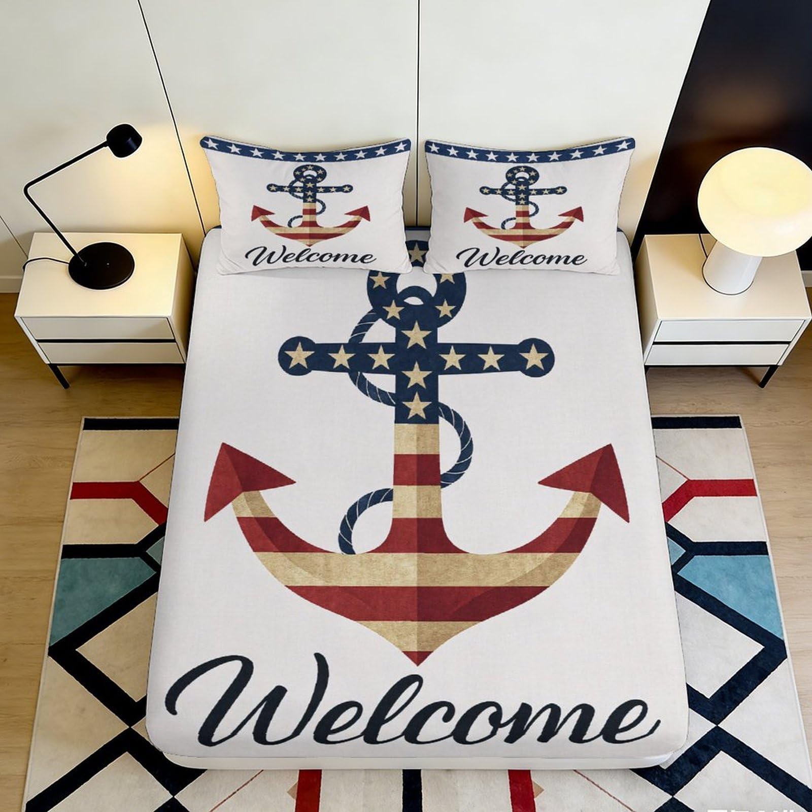 3D Printed Nautical Anchor Fitted Sheet Microfiber Welcome Lettering Bed Sheet Anti-Slip Machine Washable Bedroom Decor 90x200x25cm
