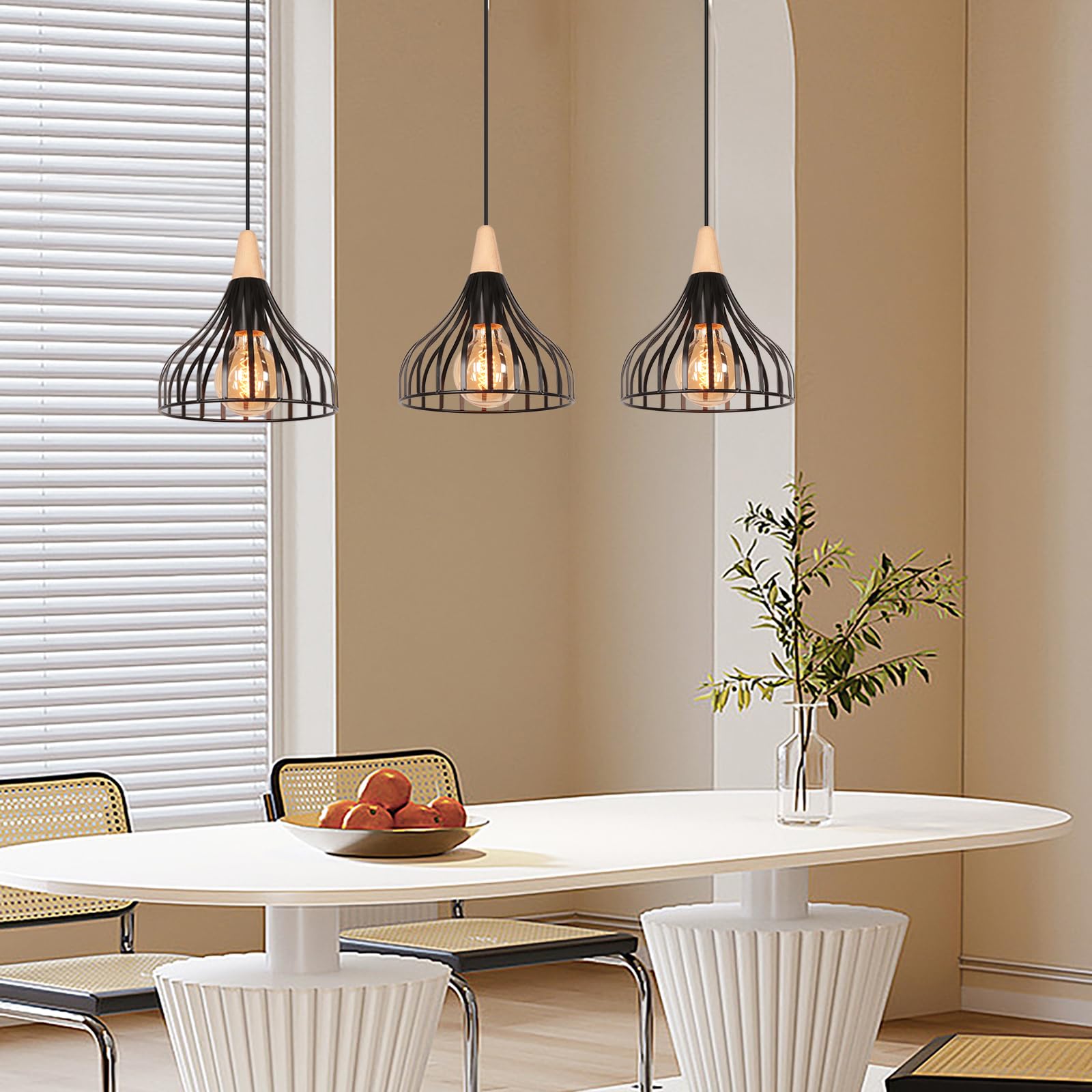 iDEGU Lot de 2 Suspension Luminaire Vintage Plafonnier Abat-jour de Cage Lustre Industriel en Métal Bois Lampe Suspension Rétro pour Salon Chambre Cuisine Salle à Manger Restaurant (Noir 20cm)