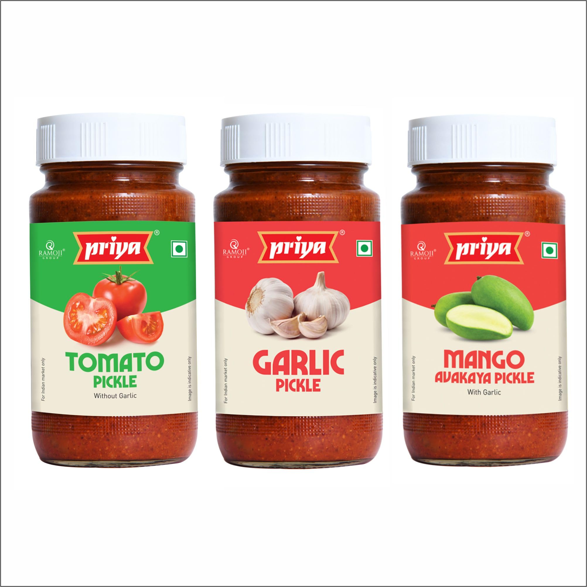 Priya Pickles Combo of 3 Pickles – Mango Avakaya, Garlic & Tomato Pickles, 300g Each (Total 900g) | Authentic Telugu Style Achar | Traditional South Indian Taste | Glass Jar