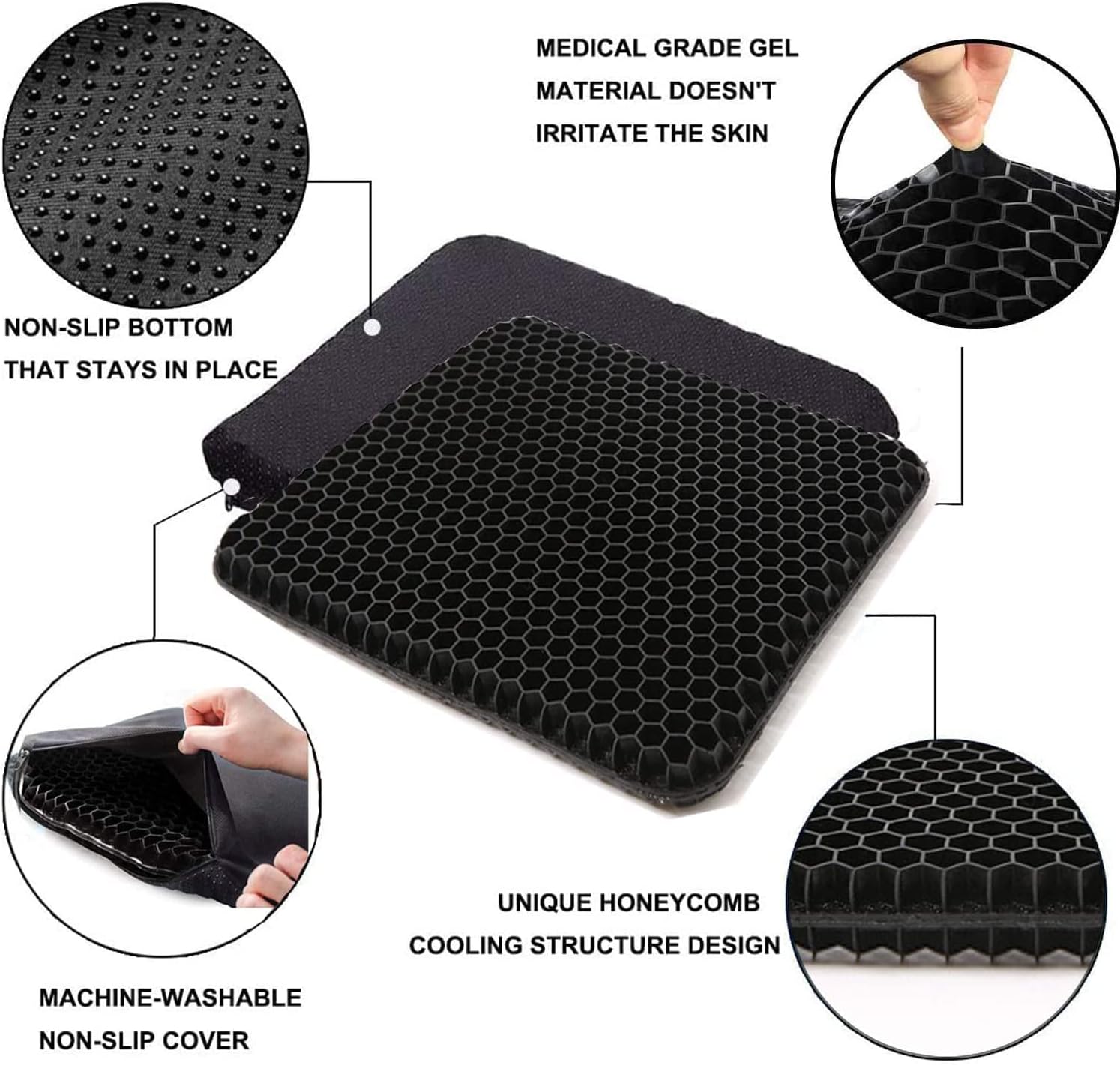 Gel Seat Cushion, for Long Sitting -Double Thick Gel Seat Cushion Breathable Honeycomb Chair Cushion with Non-Slip Cover for Office Chair Car, Wheelchair, Long Trips,Relief Sciatica Pain : Office Products
