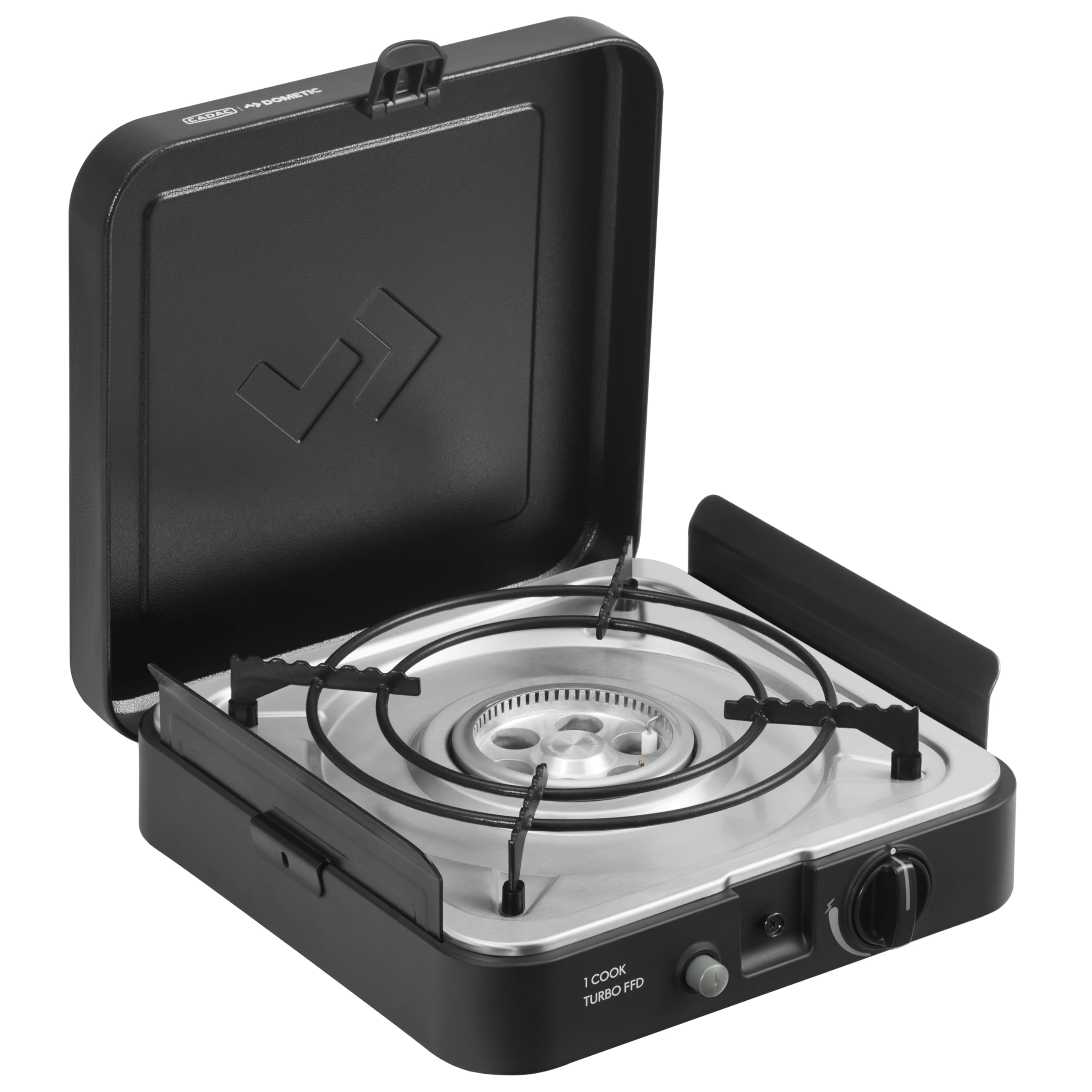 Cadac Dometic 1 Cook Turbo FFD Portable Gas Stove, Black, Single Burner with Flame Failure Device, Piezo Ignition, Windshields, Pot Stand, Storage Bag for Camping, Hiking, Outdoor Cooking