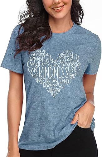 Vista 4 de Camisas de bondad para mujer, camisetas gráficas de corazón con texto inspirador, letras inspiradoras, divertidas e informales de manga corta