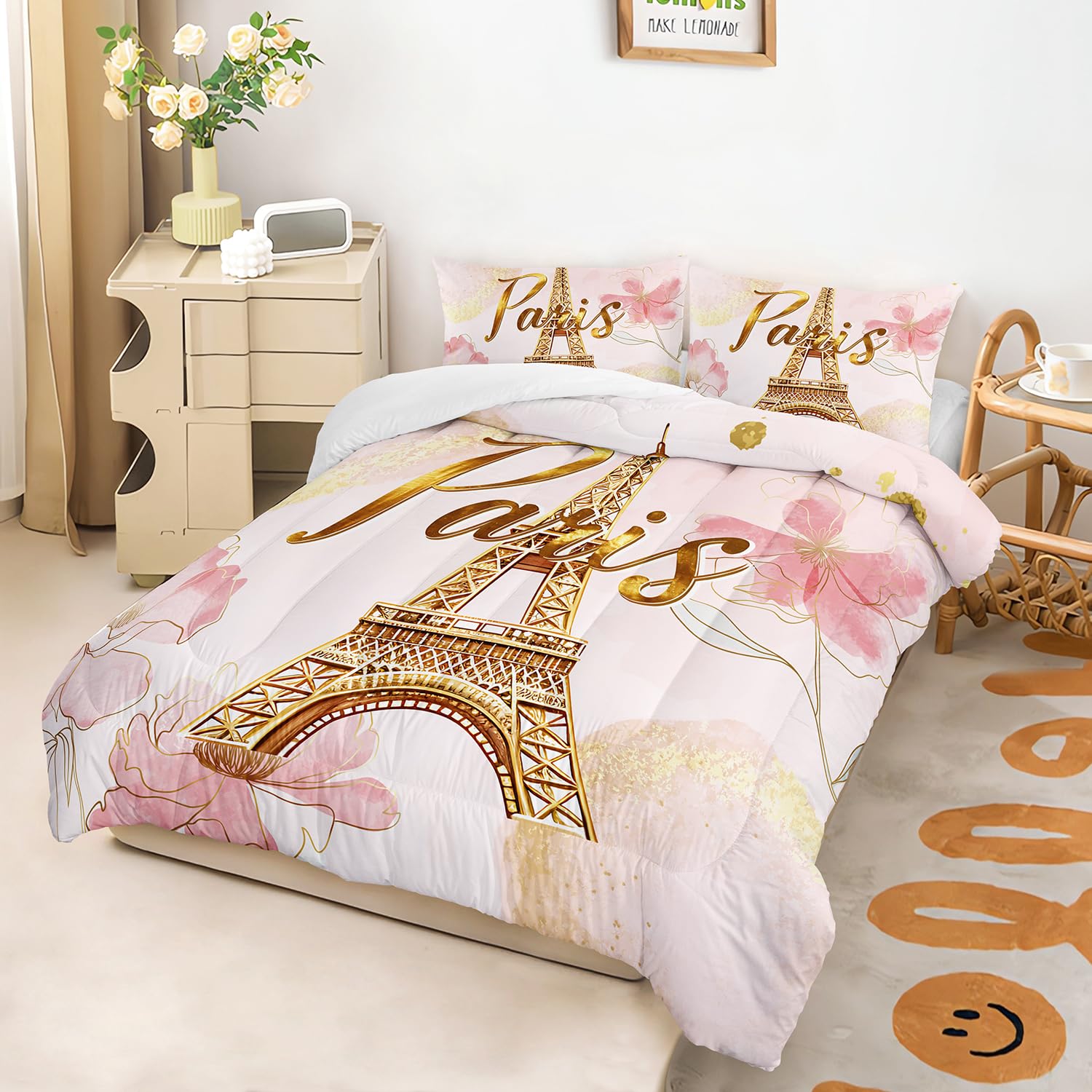AILONEN Eiffel Tower Bedding Set Queen Size,Tie Dye Flower Pink Comforter Set for Girls Women,3-Piece Pink and Gold Watercolor Paris Girls Comforter with 2 Pillowcases