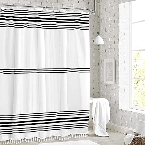 Miniatura 7 de Seasonwood Cortinas de ducha extralargas con borlas modernas en blanco y negro, impermeables, 72 x 96 pulgadas