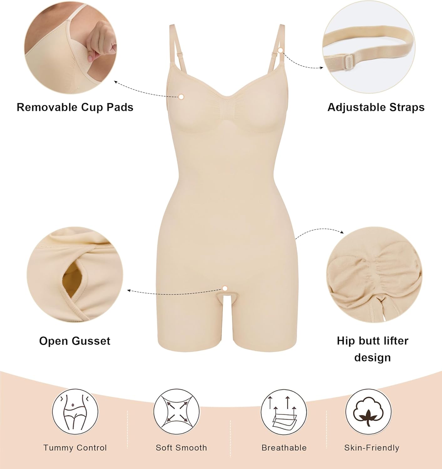 SHAPERX Women's Seamless Shapewear Tummy Control Bodysuit with Removable Pads Mid Thigh Body Shaper - Image 3