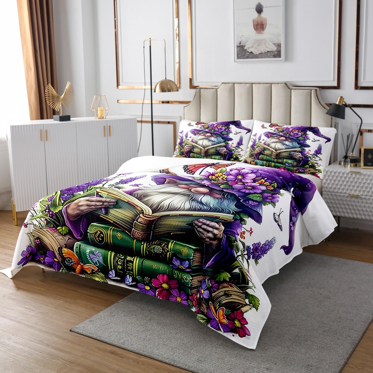 Manfei Cute Gnome Kids Bedspread King Size, Purple Flower Butterfly Book Print Coverlet Set for Boys Girls, Floral Gnome Quilted Coverlet with 2 Pillowcases, Soft Polyester Bedding Quilt