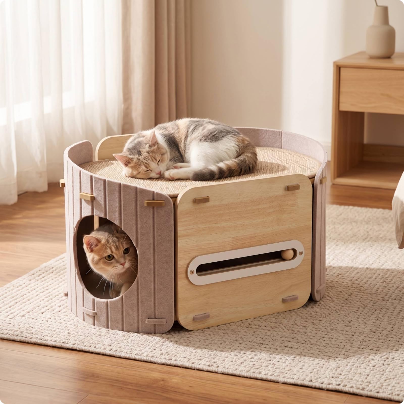 Qianly Casetta Tiragraffi Accogliente Cuccia in Feltro Basso Cuccia con Palla da Gioco per Gatti, Gattini, Salotto