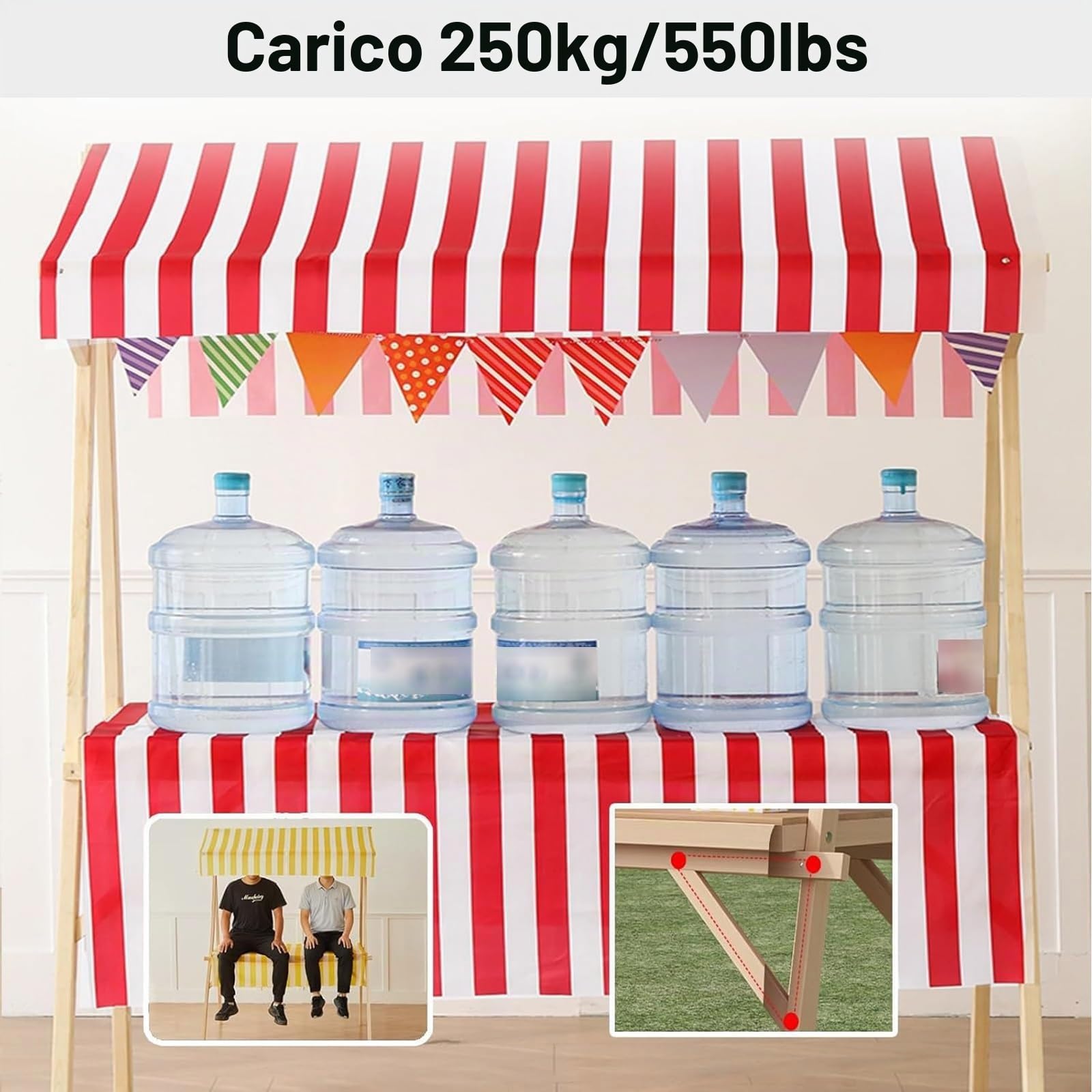 Carretto Ambulante in Legno Pieghevole con Tetto, Carretto per Venditori Ambulanti con Ruote per Festival e Spiagge, Eventi All'aperto, Street Food, Mercati, Portata 550 Libbre(White,150cm/59in)