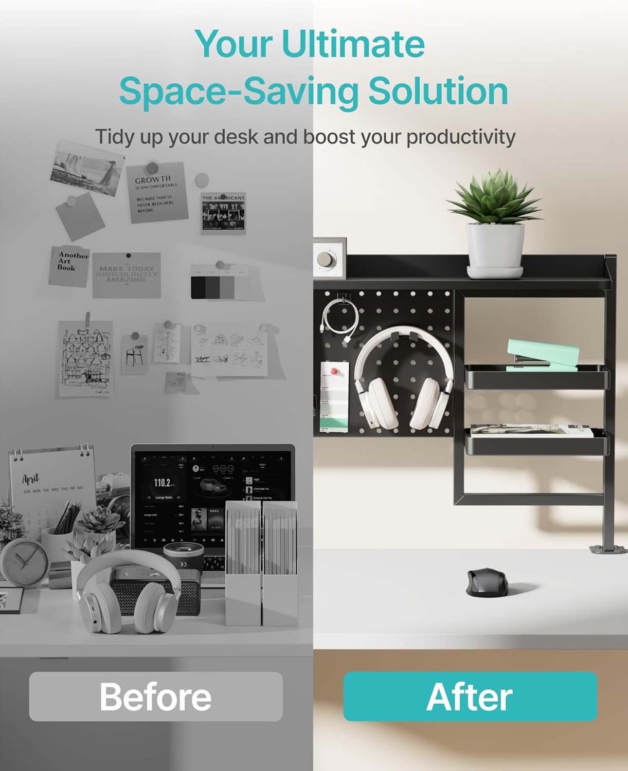 Clamp on Desk Shelf, 44" Desktop Shelving System with Pegboard and Accessories, Desktop Organizer with 2-Tier Shelf, Desk Pegboard for Office Home Gaming, Black