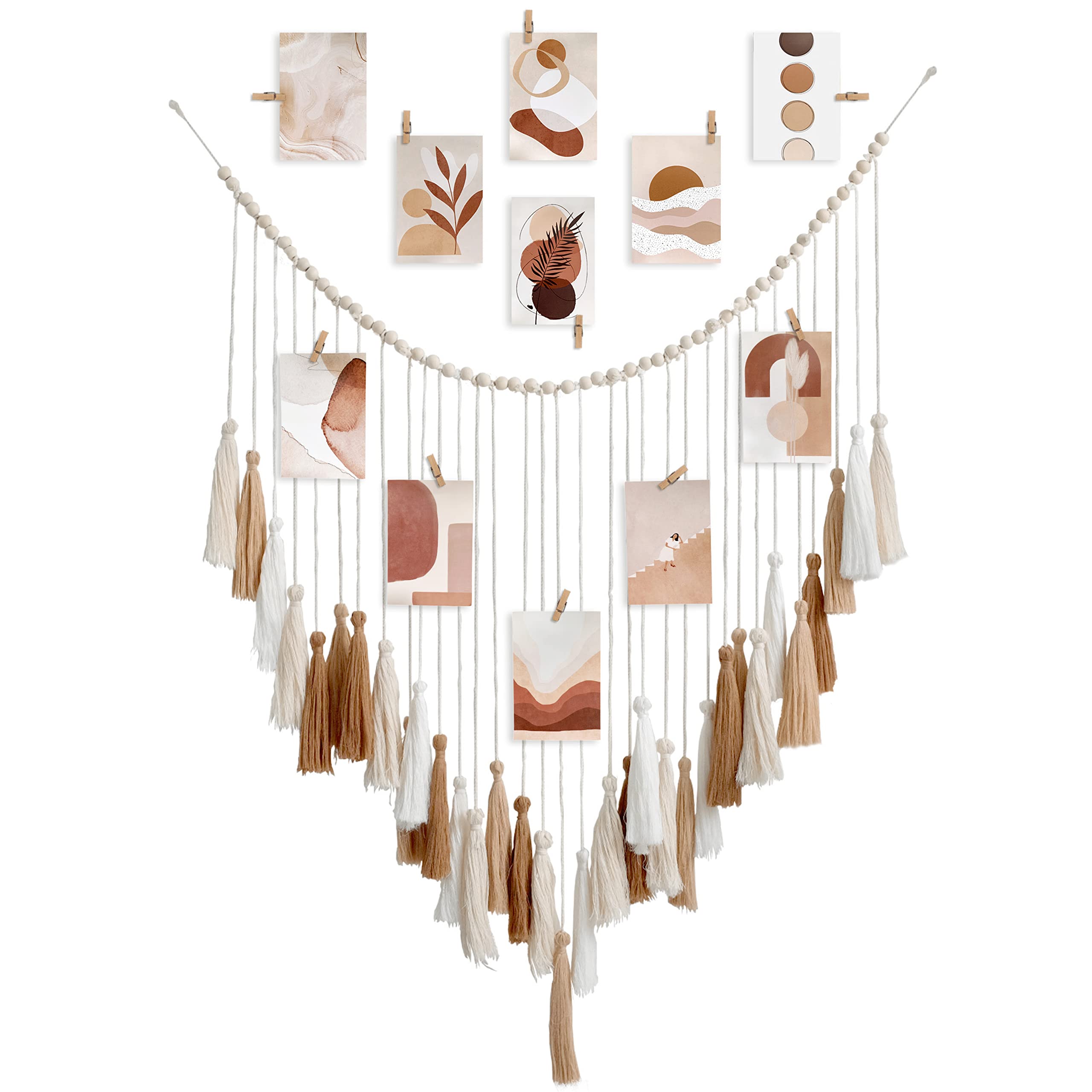 97 Decor Western Boho Yarn Wall Hanging, Wall Tassel Hanging, Wood Bead Garland with Tassels, Boho Macrame Wall Hanging, Bohemian Room Decorations for Girls, Neutral Beige Boho Bedroom Decor (42"x30")