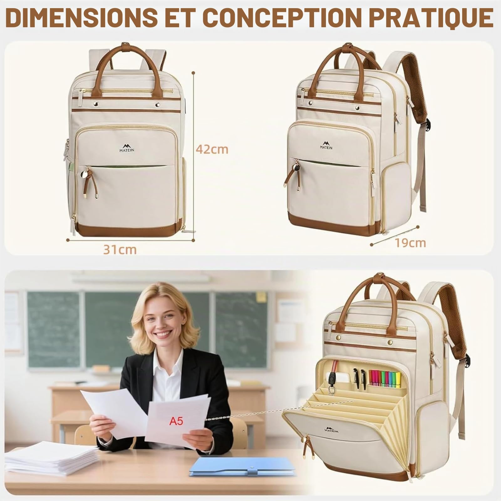 MATEIN Sac à Dos d'enseignant Femme, Sac à Dos Ordinateur Portable 15,6" | Sac a Dos Femme Compartiment Repas Amovible, Sac Travail 2 en 1, Rangement Dossiers A5, École et Bureau
