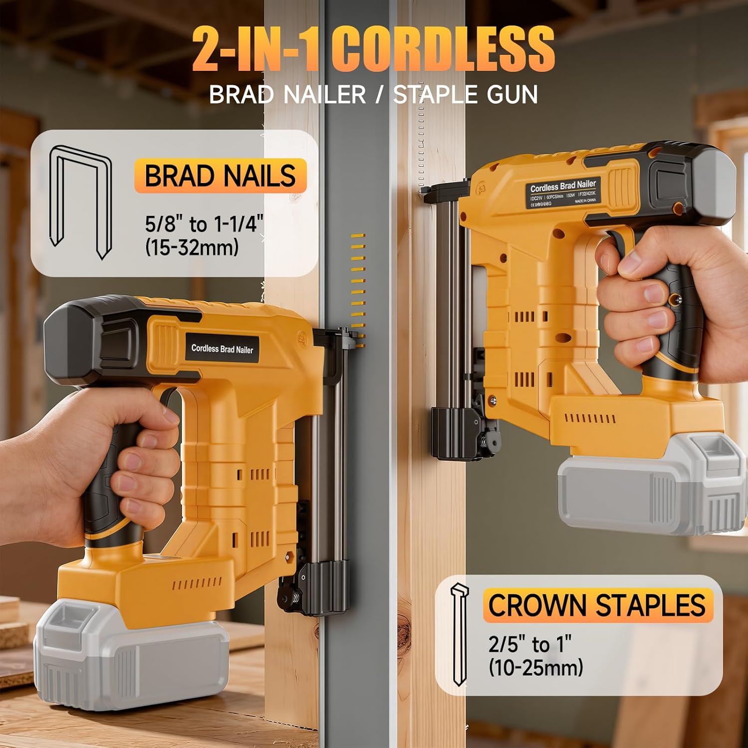 18GA Brad Nailer for De-Walt 20V Battery, 2-in-1 Cordless Nail Gun & Staple Gun, Includes 1600 Pcs Nails & Staples, Single & Contact Firing Mode, Electric Nailer for Woodworking and DIY(no Battery)