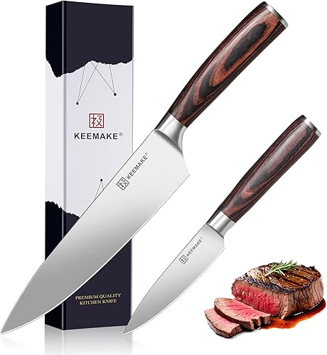 KEEMAKE Juego de cuchillos de chef profesional, 2 piezas, cuchillos de cocina de acero inoxidable de alto carbono, hoja ultra afilada y mango