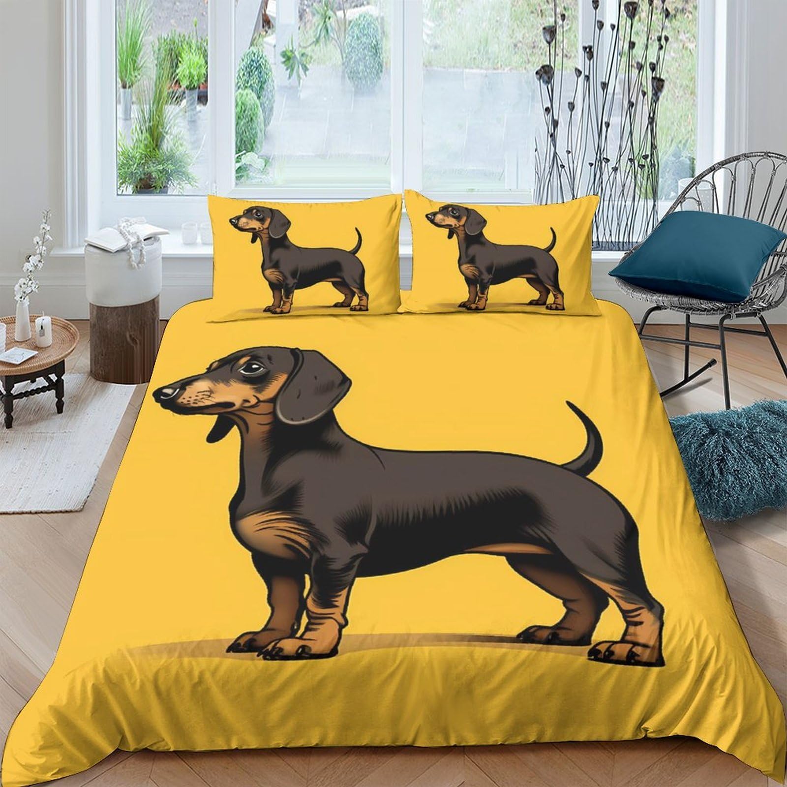 GPLZQXKJNH 3D Printed Dachshund Dog Duvet Cover Microfiber Yellow Bedding Set with 2 Pillowcases Soft Breathable for Bedroom Decor Single（135x200cm）