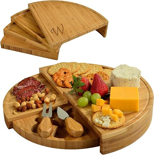 Miniatura 8 de Tabla Picnic at Ascot de bambú, para aperitivos, con herramientas para queso, espirales de una cuña compacta de 13 pulgadas de diámetro, patentado y