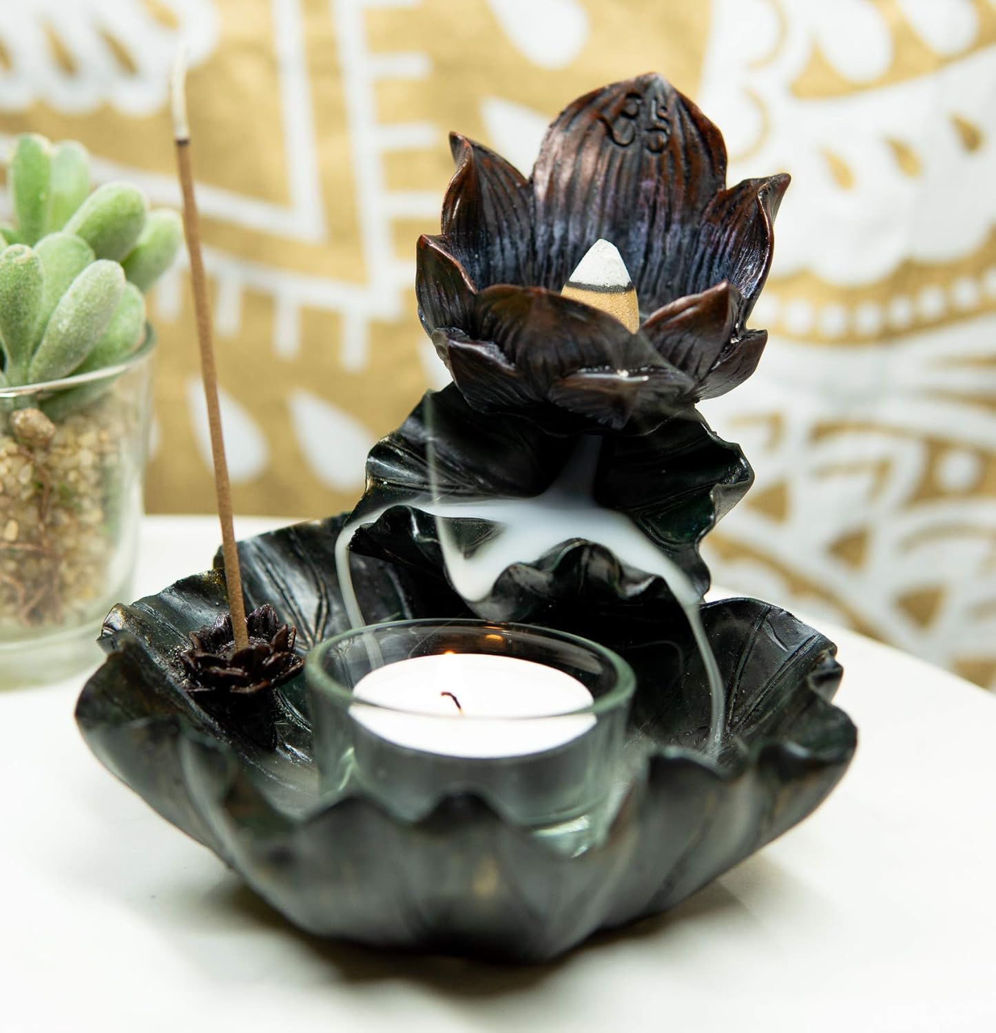 Ebros Gift Feng Shui Zen Buddha Ohm Symbol Sacred Lotus Flower Cascading Tower Incense Stick and Backflow Cone Burner and Candle Holder Figurine