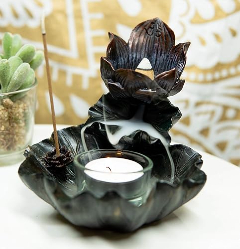 Miniatura 8 de Ebros Gift Feng Shui Zen Buddha Ohm Símbolo Sagrado Flor de Loto en Cascada Torre de incienso y Quemador de cono de reflujo y Figura de portavelas