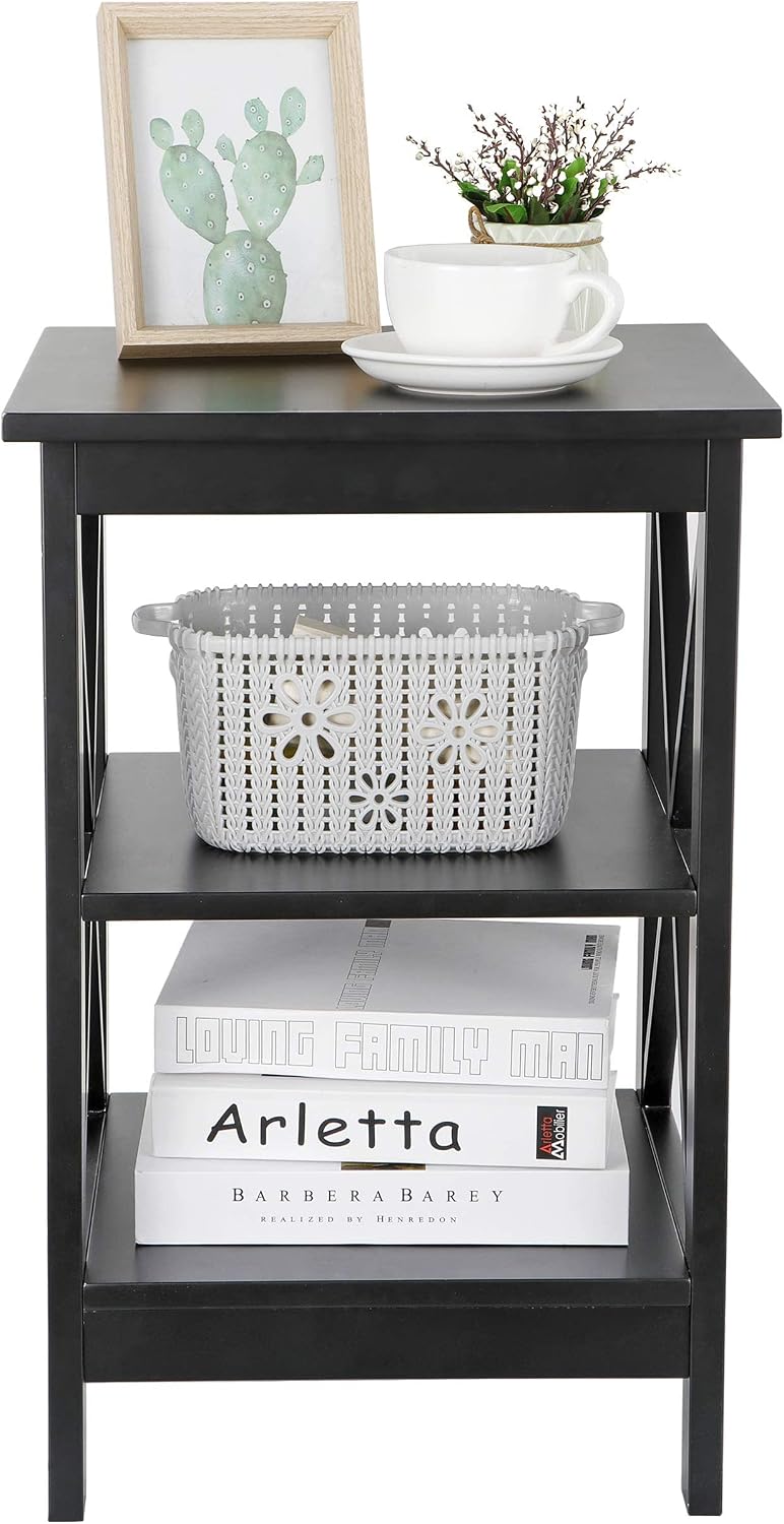SUPER DEAL 3-Tier End Table with Storage Shelves Versatile X-Design Sofa Side Table for Living Room Bedroom Apartment Small Space, Black