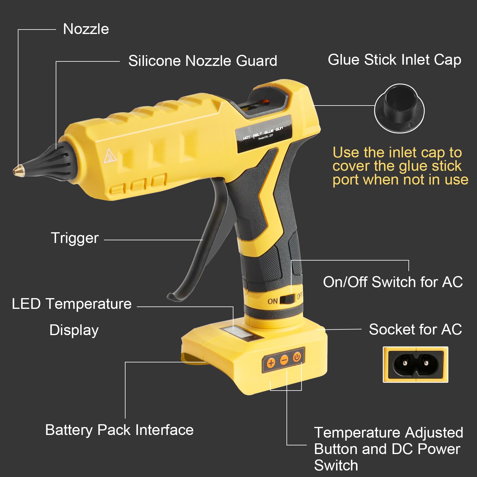Pistola de pegamento caliente 2 en 1 inalámbrica y con cable compatible con batería Dewalt de 20 V, temperatura LED digital de 100 W, pistola de pegamento ajustable antigoteo de tamaño completo con 1