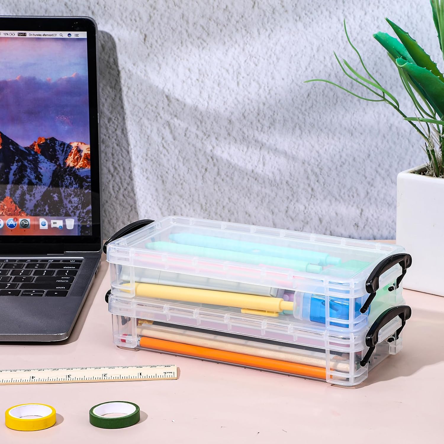 8Pack Clear Pencil Box Plastic Storage Containers with Latching Lids Stackable Office Supplies Organizer for Gel Pens Erasers Crafts Markers Crayon