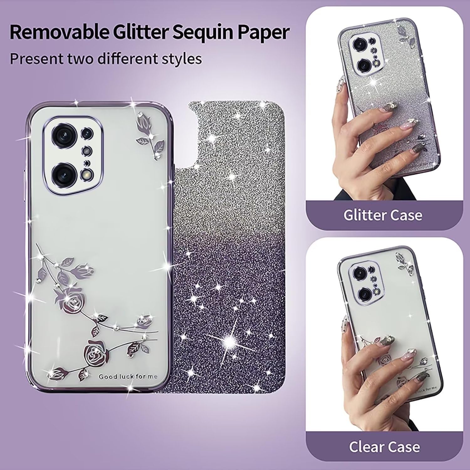 Generico Cover per Oppo Find X5 Pro Trasparente Glitter Bling per Donne, Floreale Custodia per Oppo Find X5 Pro Cover Silicone Brillantini 2 in 1 Separabile Sottile Case Morbido Rosa (Rosa