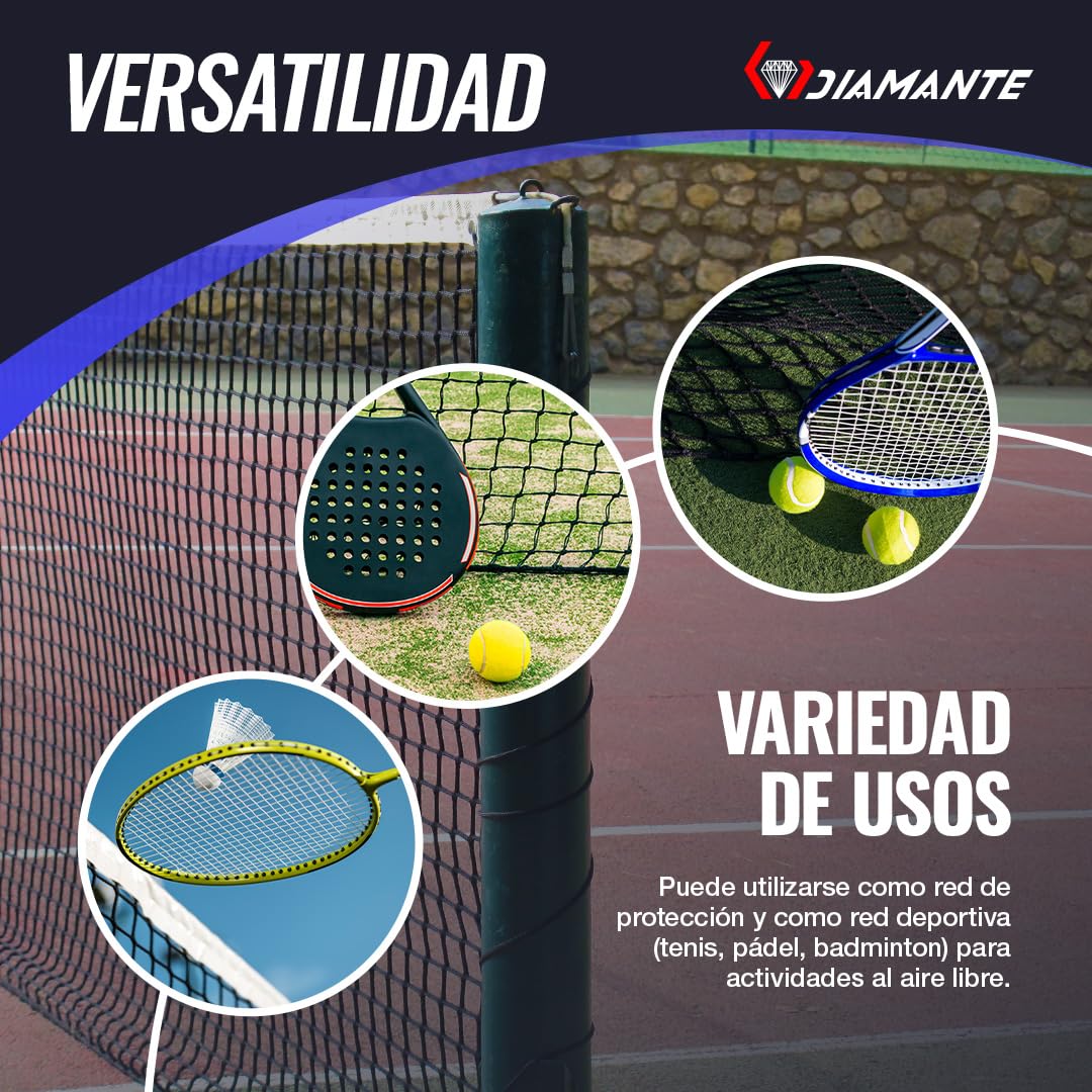 DIAMANTE Red de Tenis Profesional - Redes Deportivas para Deportes y Exterior - Red de Bádminton y Entrenamiento - 12,80 x 1,07 m con Cable de Acero y Tratamiento UV