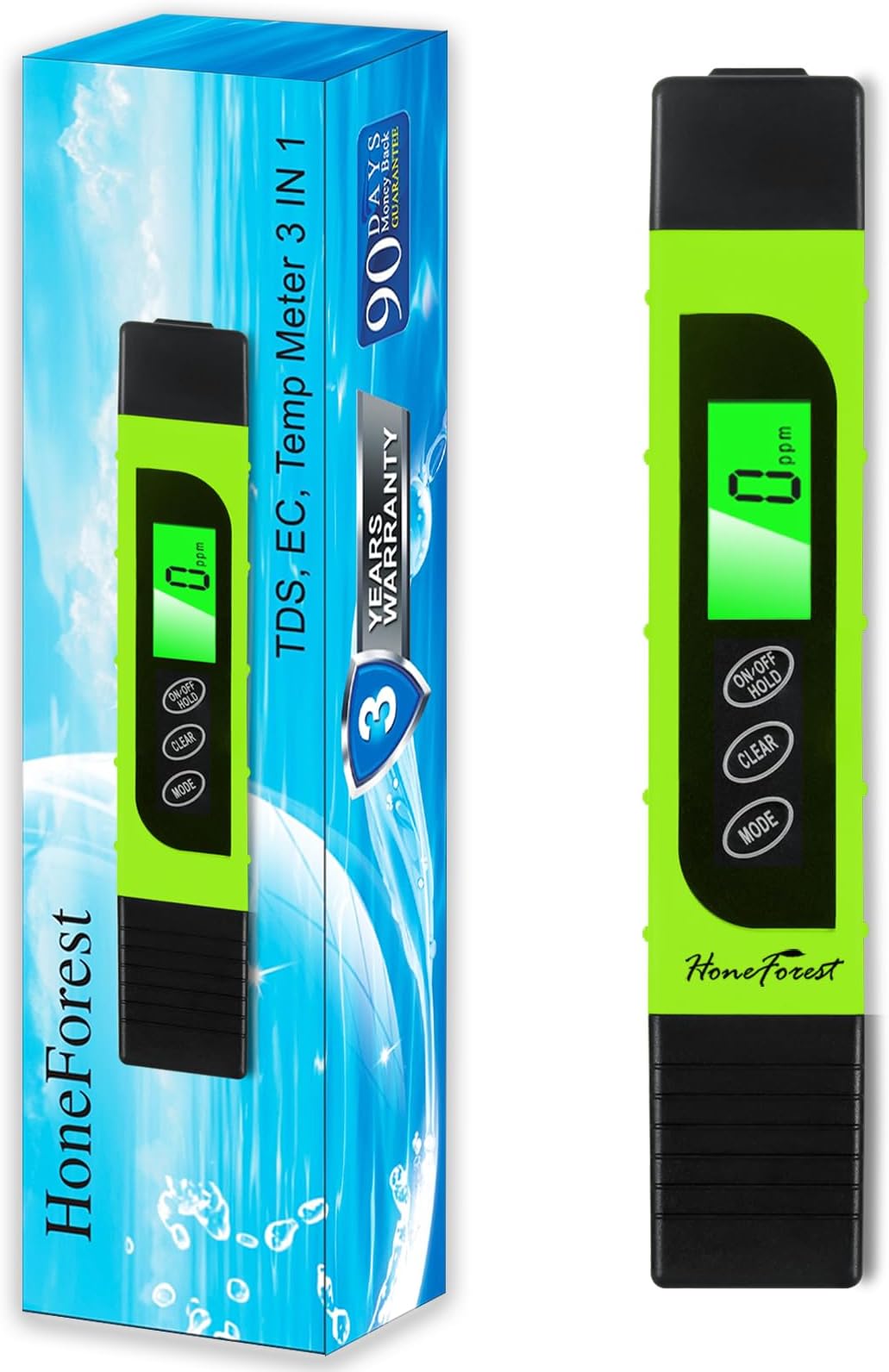 HoneForest Digital TDS Meter, Accurate and Reliable, TDS, EC & Temp Meter 3 in 1, 0-9990ppm, Ideal Water Tester PPM Meter(Green)