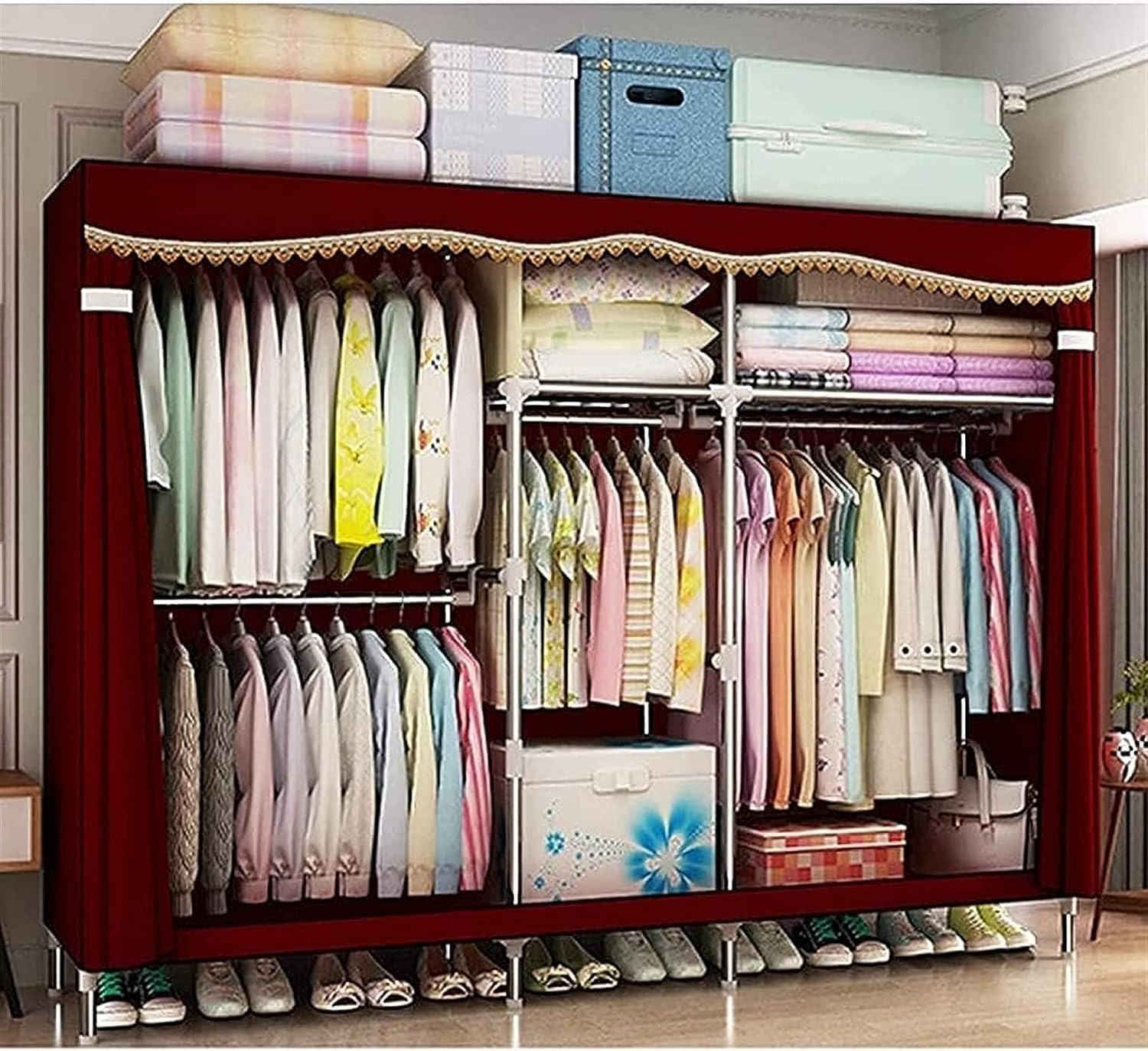 Portable Wardrobe Cloth Wardrobe Wardrobe Bedroom Double Simple Fabric Cloth Steel Tube Bold Thickening Steel Frame Assembly Hanging Clothes,E Portable Cloth Hanger