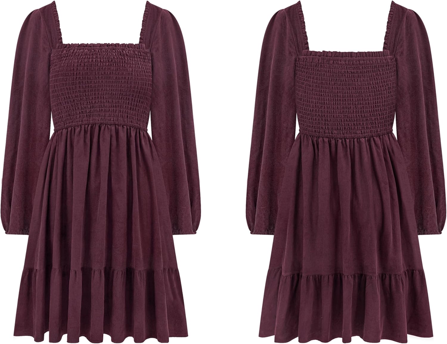 R.Vivimos Womens 2026 Fall Corduroy Cotton Long Sleeve Square Neck Elastic Smocked A-Line Ruffle Mini Dress - Image 6