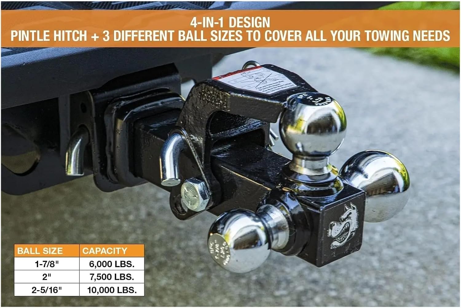 Heavy Duty Tri-Ball Truck Hitch with Hook 2 Inch Receiver - Chrome Steel Towing Balls, Black Powdercoated Finish