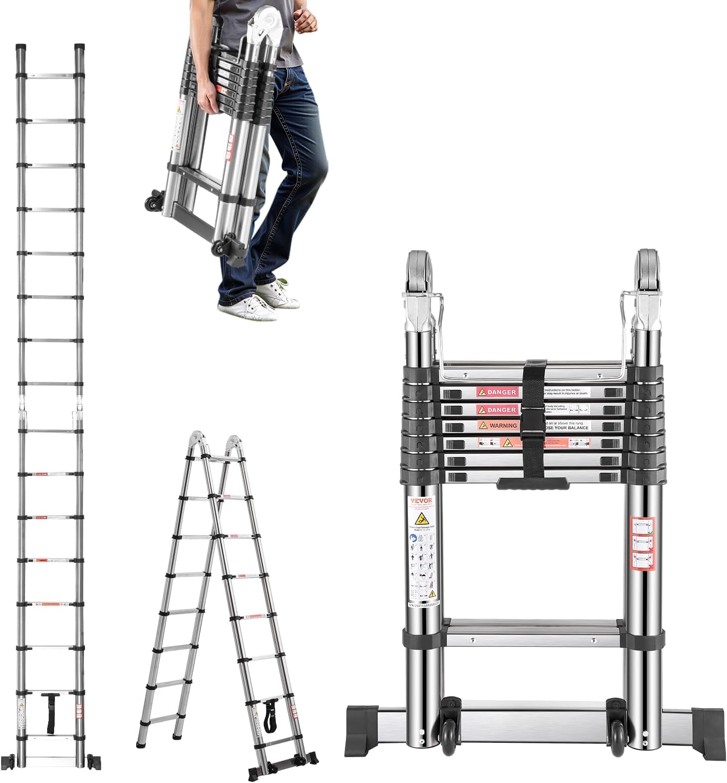 VEVOR 16.5ft Stainless Steel Telescoping A-Frame Extension Ladder, 330LBS Load Portable Collapsible Multi-Button Retraction Ladders with Balance Bar for Home, RV, Loft