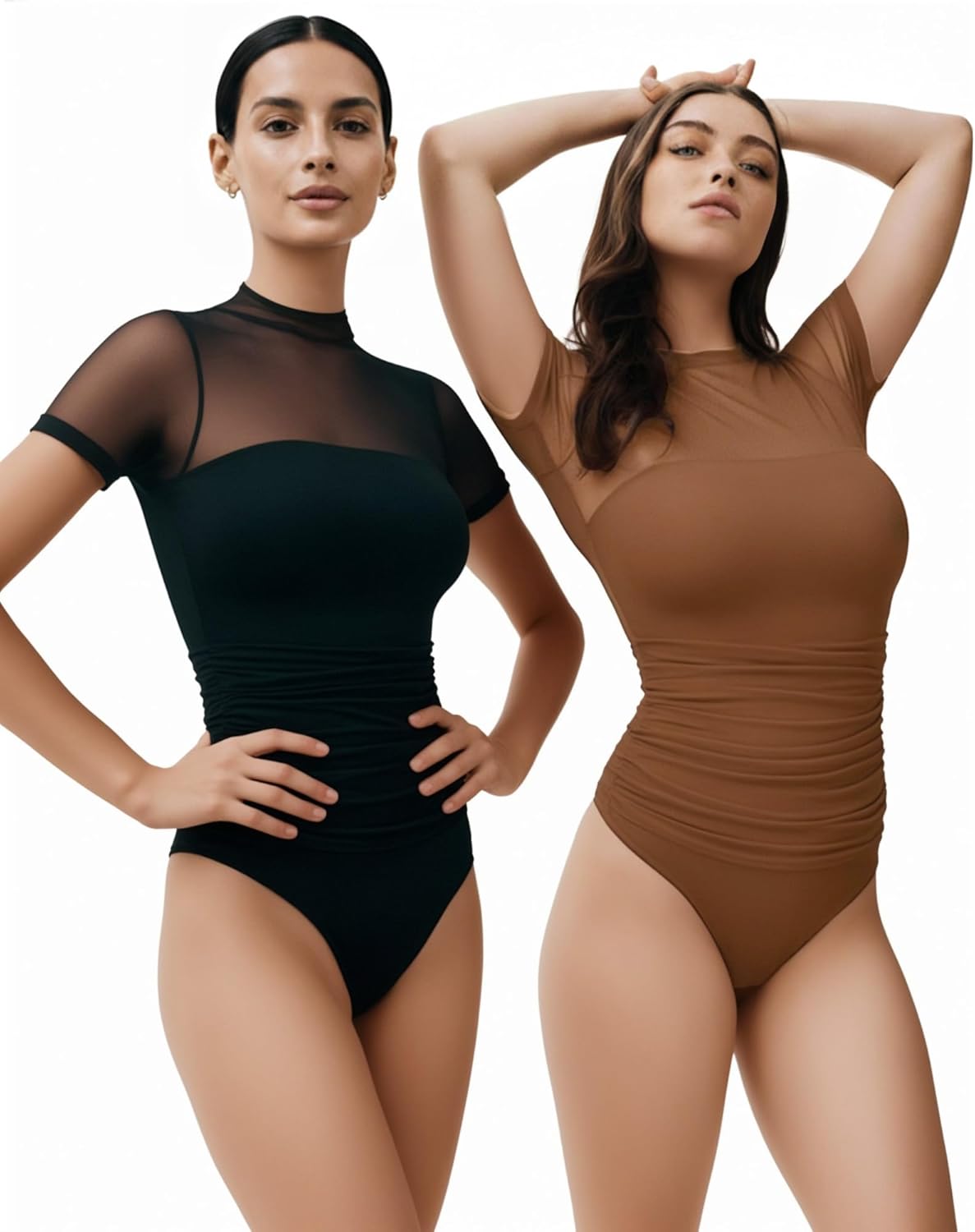 MANGOPOP Women's Mock Turtle Neck Bodysuit Mesh Ruched Short Long Sleeve Body Suit Sexy Sheer Trendy Going Out Outfits Tops - Image 5