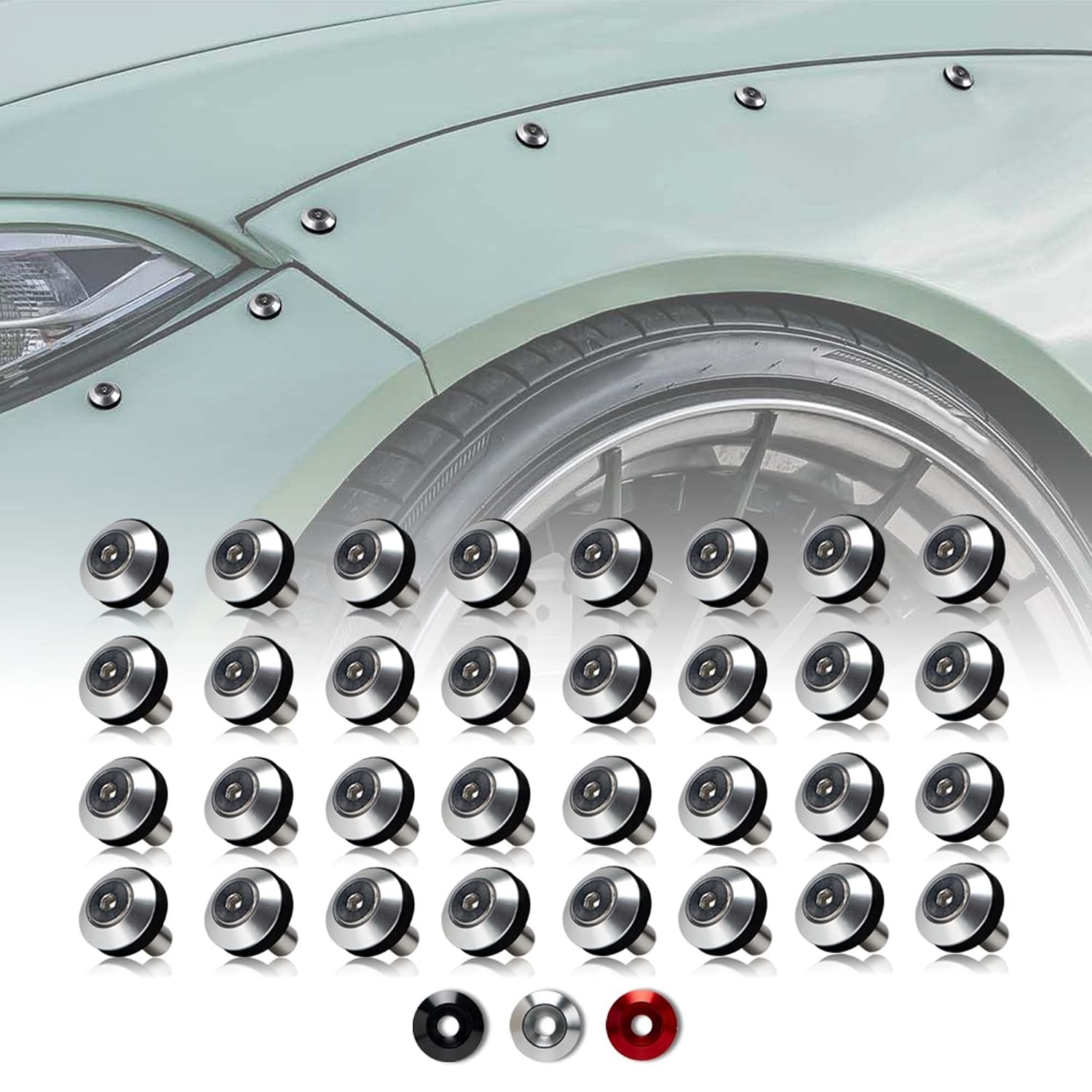 32-Piece M6 x 18mm OD Silver Tapered Anodized Aluminum Washer Bolt Kit, Hardware Kit for Widebody, Fender Flares, Bumpers, Mud Flaps and Engine Bay Dress-Up