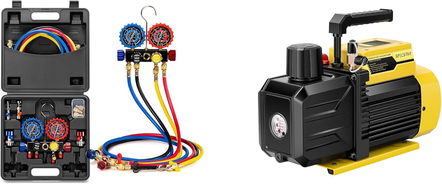 VIVOHOME HVAC Manifold Gauge Set for R134a R410a R22 R32 R454B Refrigerant, 4 Valve Automotive AC Gauges with SPECSTAR 110V 1/4 HP 3.5 CFM Single Stage Rotary Vane HVAC Air Vacuum Pump