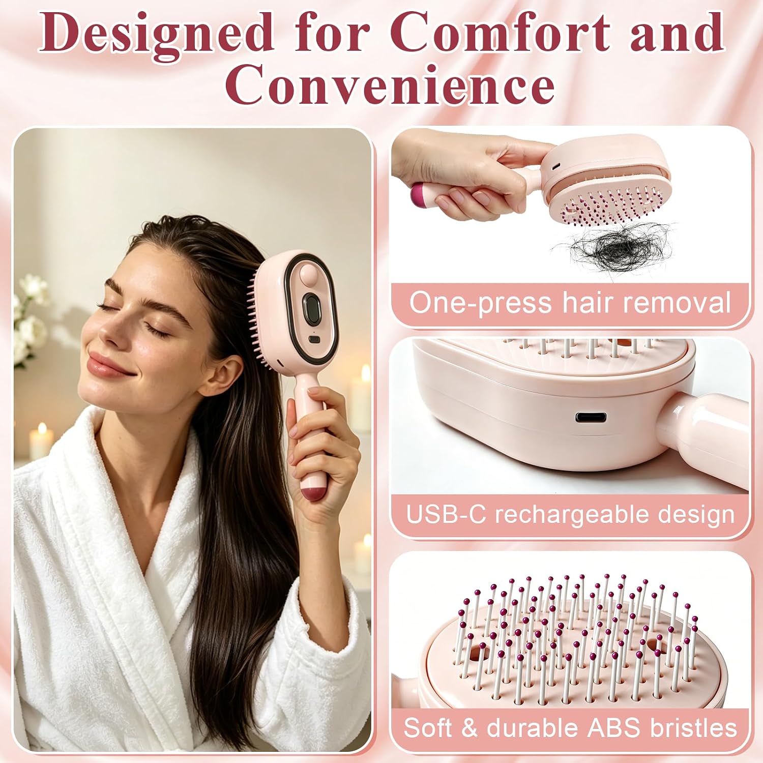 Electric Steam Brush for Hair, Electric Spray Air Cushion Massage Comb with Red Light Therapy, Rechargeable Water Spray Hair Brush, Self-Cleaning Detangling Anti-Static Hair Care Comb