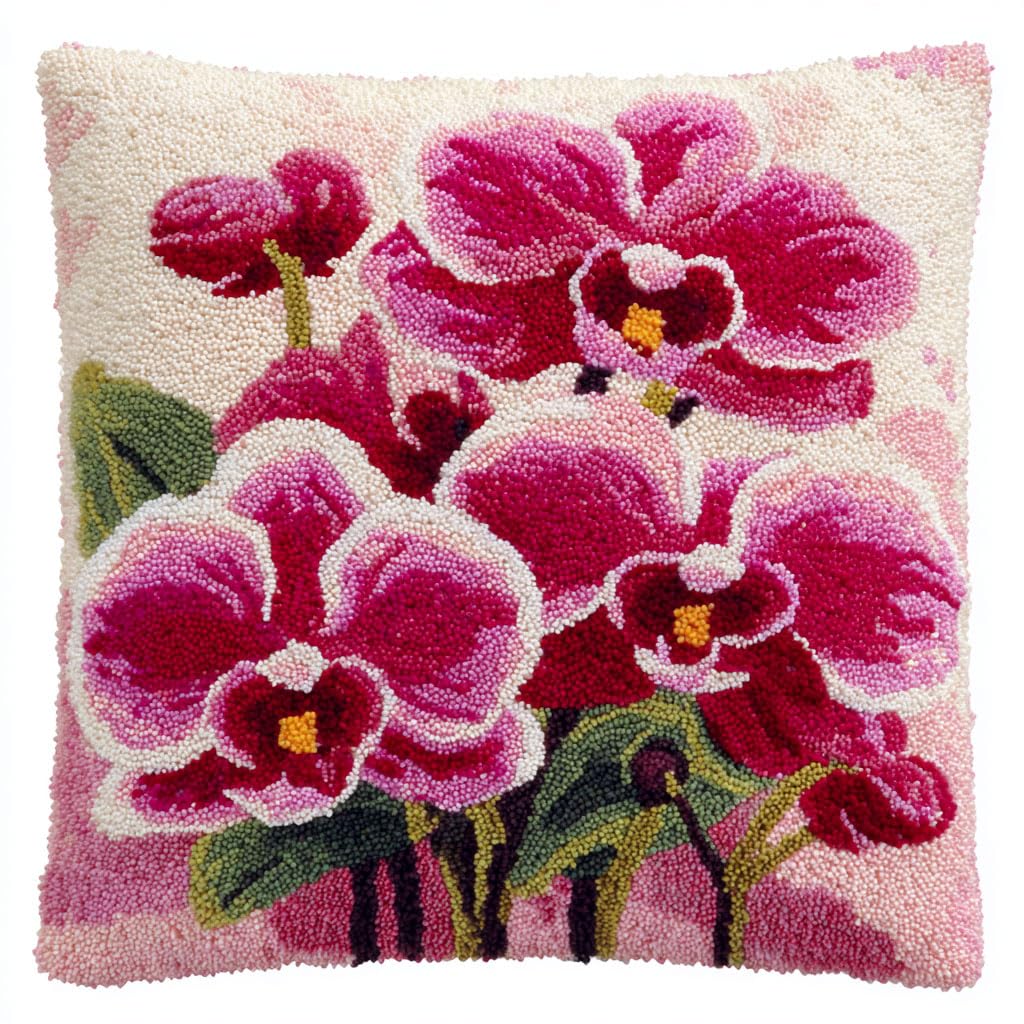 Henypt Latch Hook Cushion Kits Orchid Flowers Pillow Case Rug Cover Beginner DIY Needlework Embroidery Kit Latch Hook Kits Pillow 43x43cm