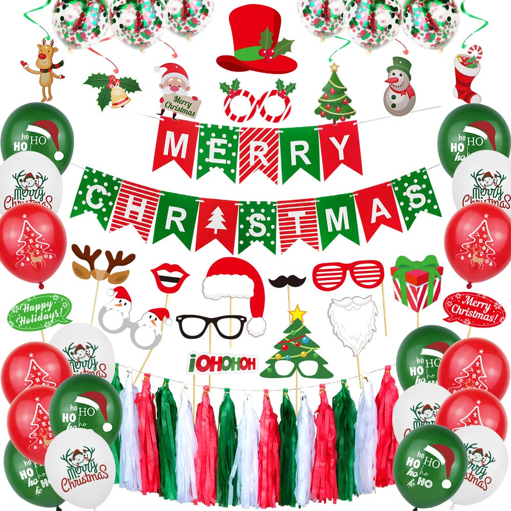 Goodern Merry Christmas Balloons Set with Merry Christmas Banner Christmas Photo Props Foil Balloons Spiral Tassels Merry Christmas Party Balloons Decorations Supplies Christmas Party Decorations Kit