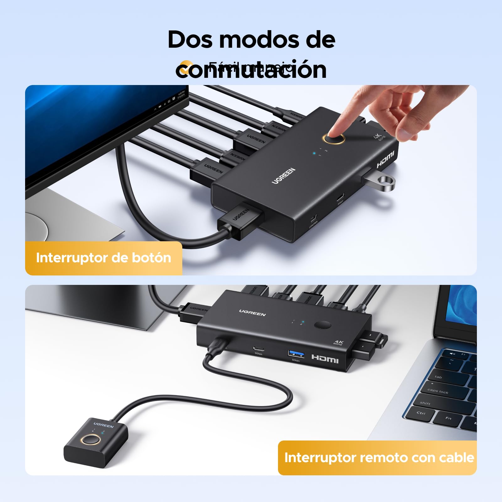 UGREEN Switch KVM HDMI 2.0 2 Entradas 1 Salidas 4K 60 Hz Conmutador KVM para 2 pc con 4 puertos USB 3.0 5Gbps para Teclado Ratón Disco Duro Controlador de Escritorio compatible con Windows Linux macOS