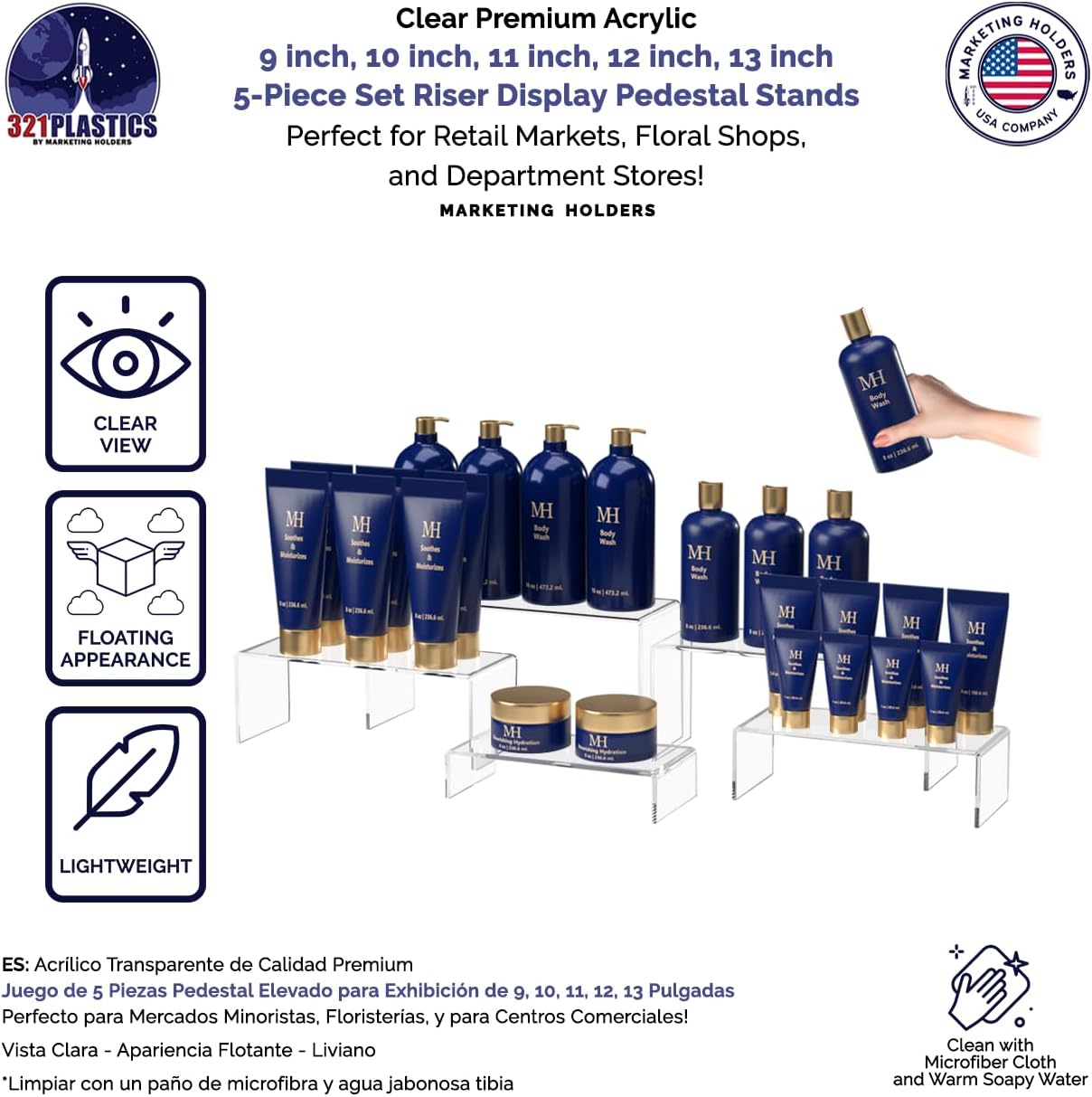 Marketing Holders Acrylic Rectangular Riser 2" Thru 6" High Retail Showcase Display Pedestals for Collectibles Nail Polishes and Samples Clear Lucite Counter Multi Level Platforms