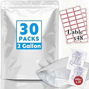 Mylar Bags 2 Gallon 30PCS 17"x13" Food Storage with Oxygen Absorbers & Labels, 10 Mil Thick Resealable Zipper & Heat Seal Stand Up Pouches