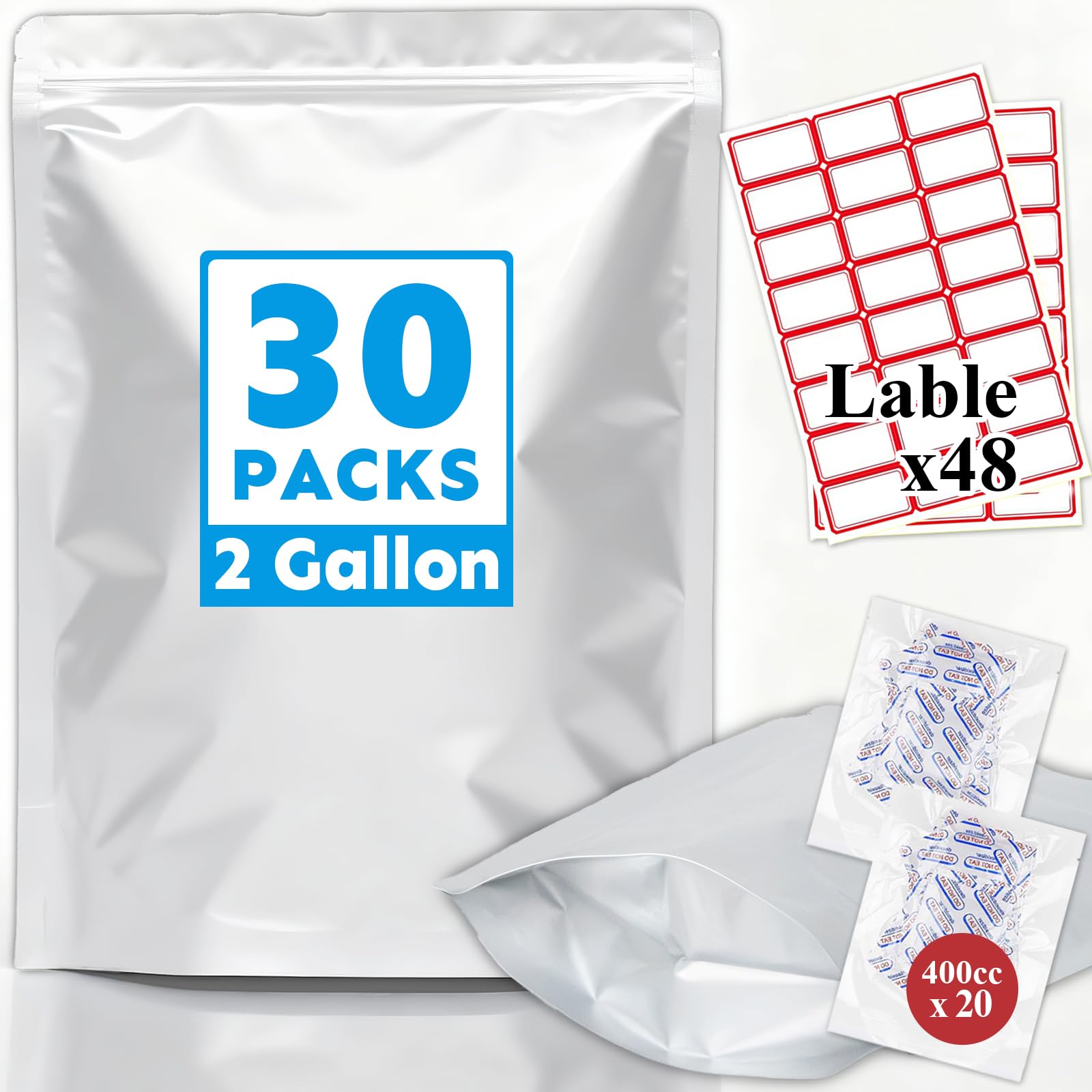 Bolsas de Mylar de 2 galones, 30 unidades, 17 x 13 pulgadas, 10 mil de grosor para almacenamiento de alimentos con absorbentes de oxígeno y etiquetas, cremallera y sellado térmico, grado