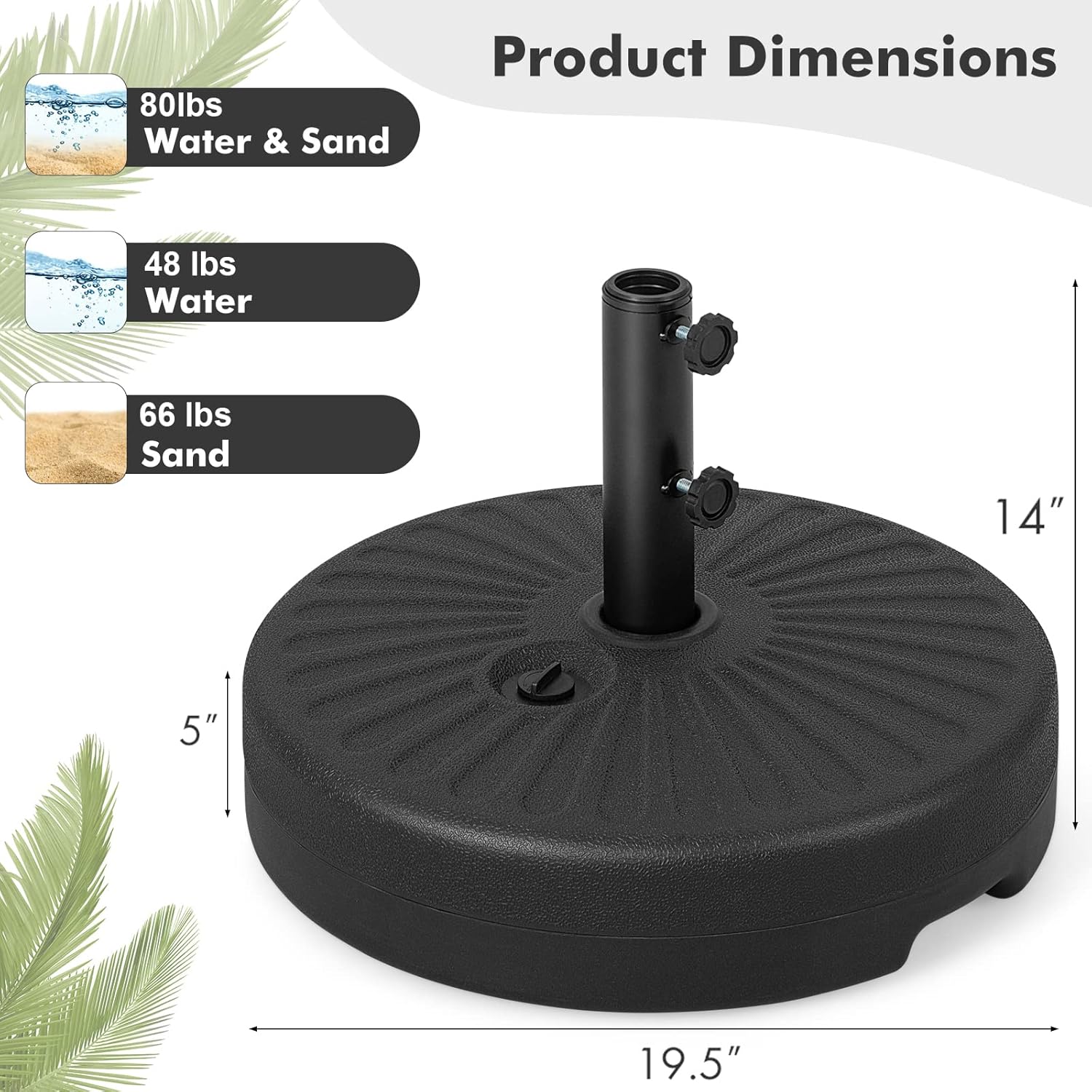 Giantex Umbrella Base Stand, Sand Water Filled Umbrella Holder for 1.5''-1.9'' Umbrella Poles, Build-in Handle, 2 Adjustable Knobs, Weighted Market Table Umbrella Base for Yard Garden Poolside