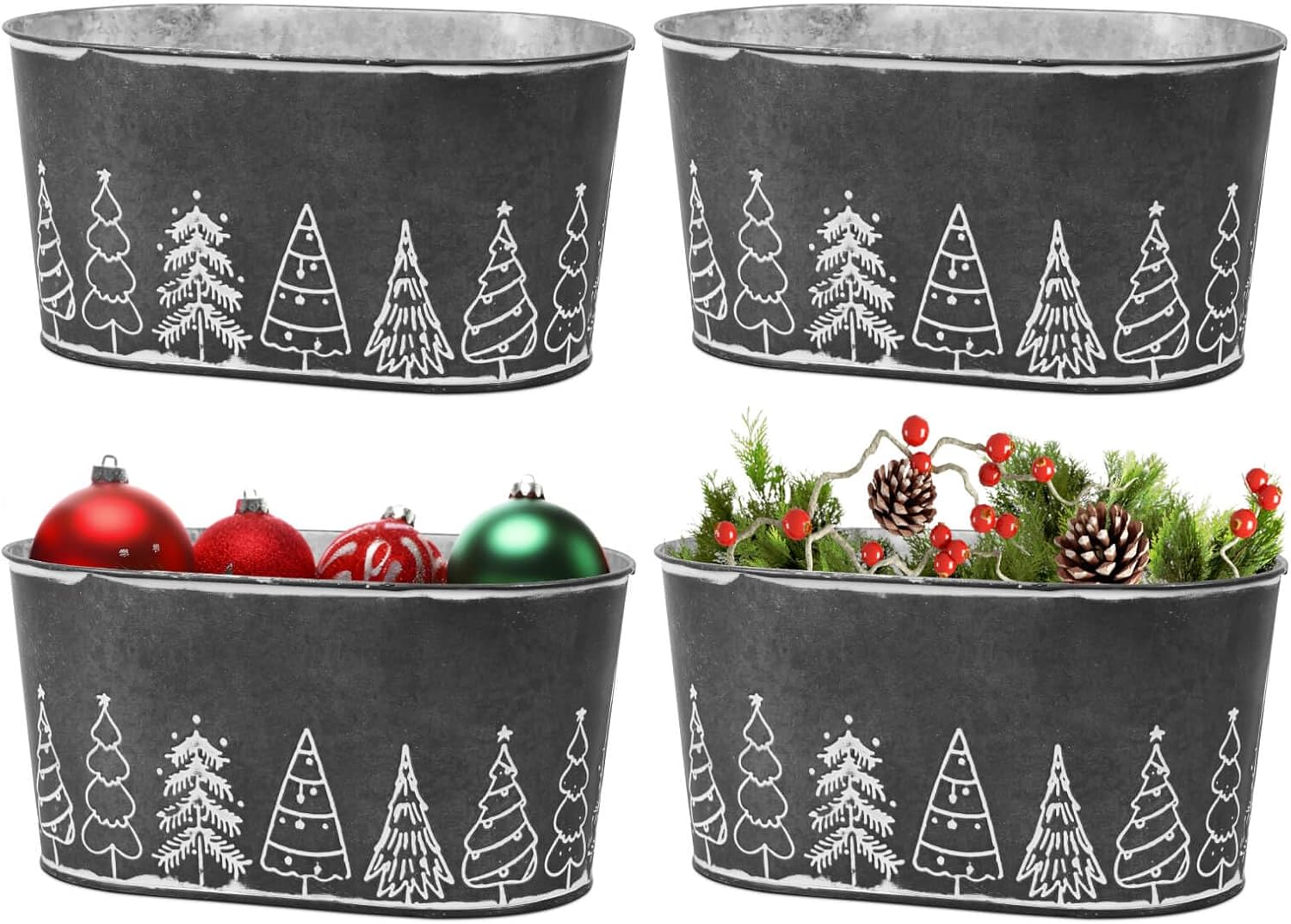 Putuo Decor 4 Packs Christmas Oval Metal Ice Buckets, Christmas Decorations Galvanized Storage Beverage Tubs Tin Bucket Pails for Party Home Table Centerpieces Decor (Grey)